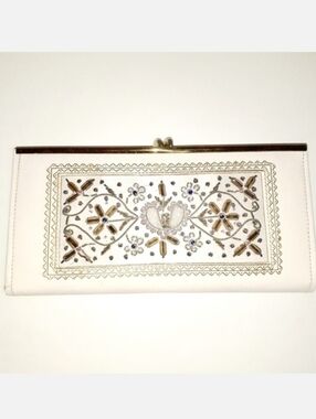 Vintage Indian Cream and Gold Clutch with Intricate Hand Brocaded Front Plaque